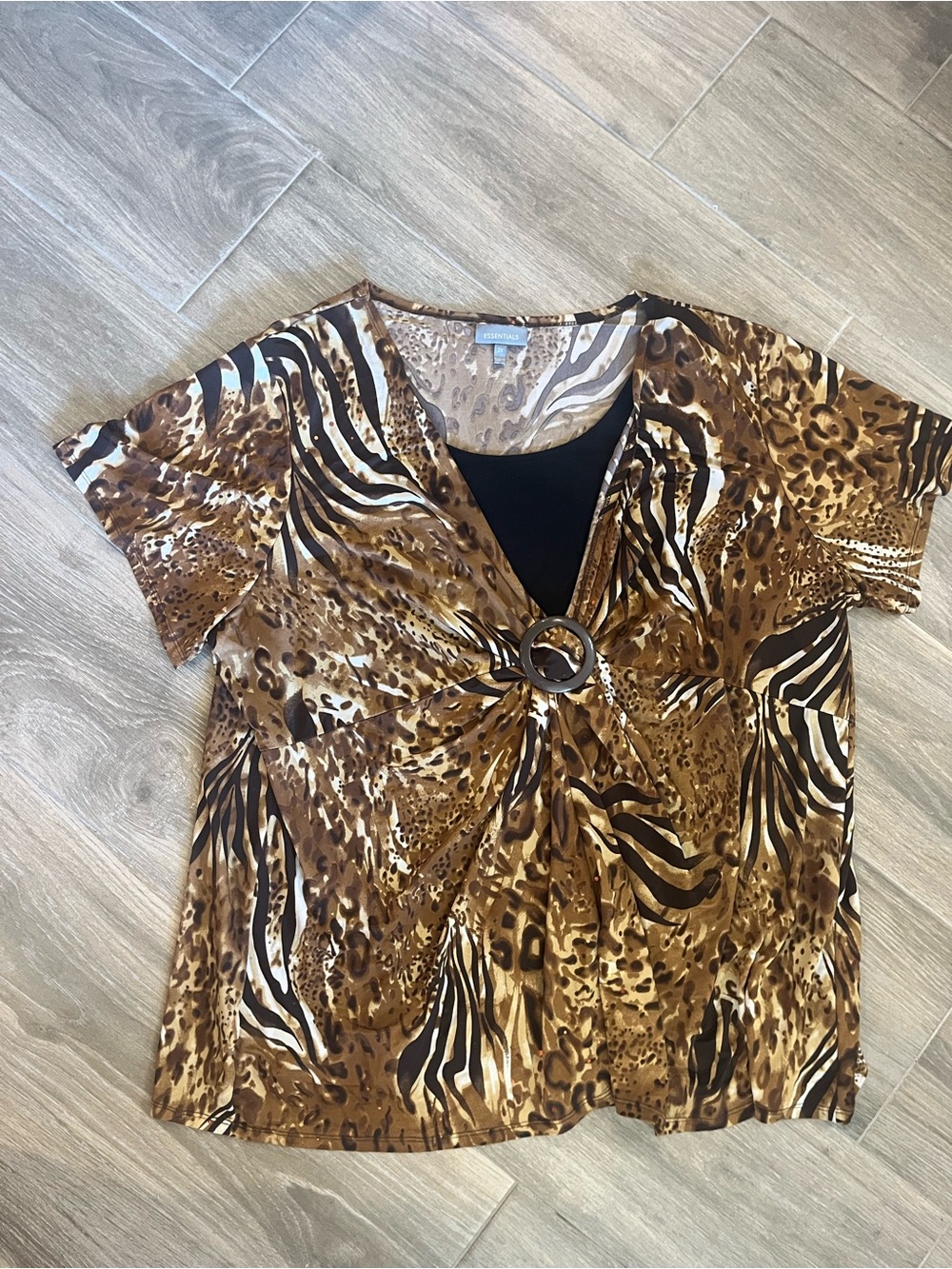 Essentials Brown Animal-Print Short Sleeve Top with Black Camisole